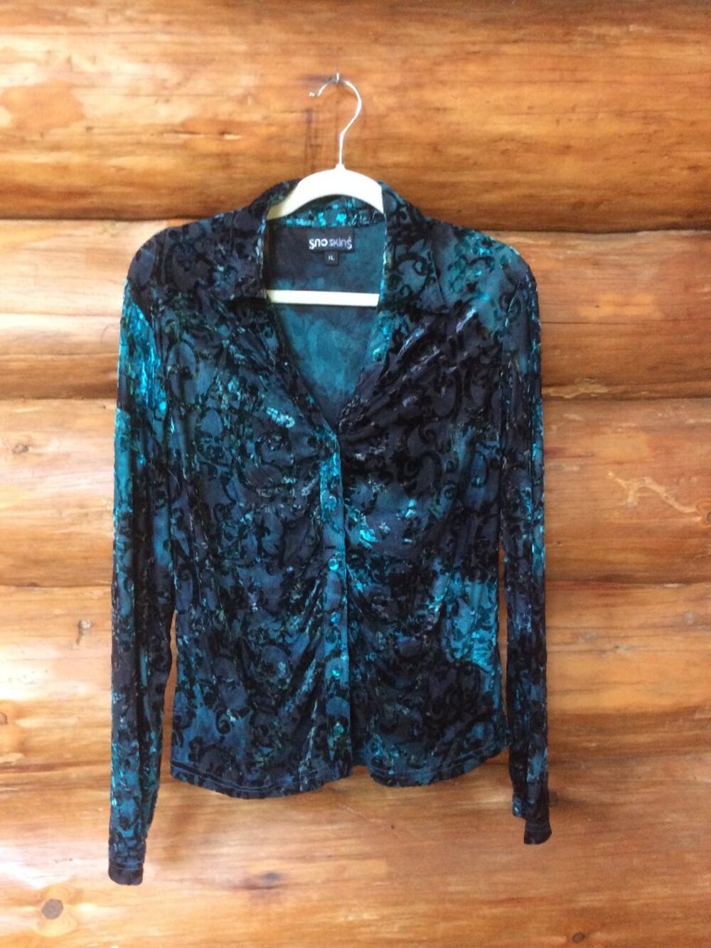 SNO SKINS Teal Vintage Velvet Burnout Button Down Witchy Top Size XL USA